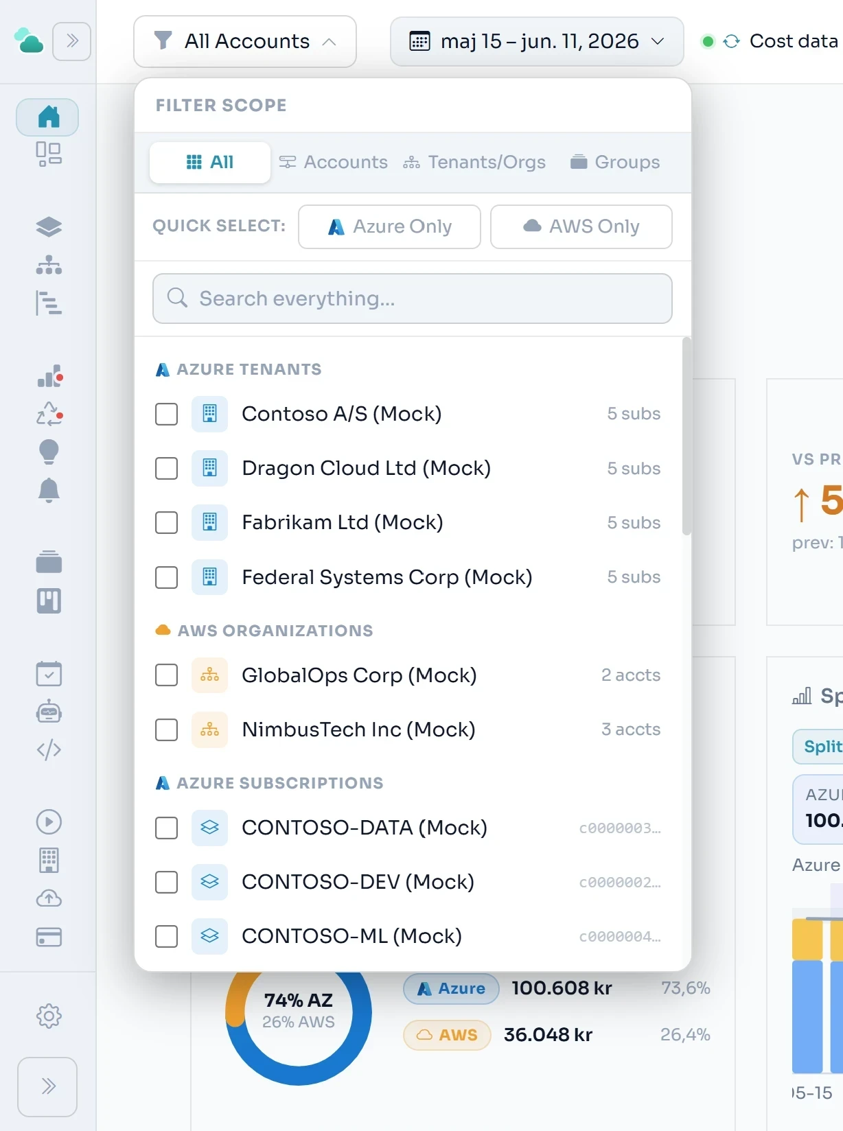 CloudOptify global filter — set scope across Azure tenants, AWS orgs, accounts, and subscriptions
